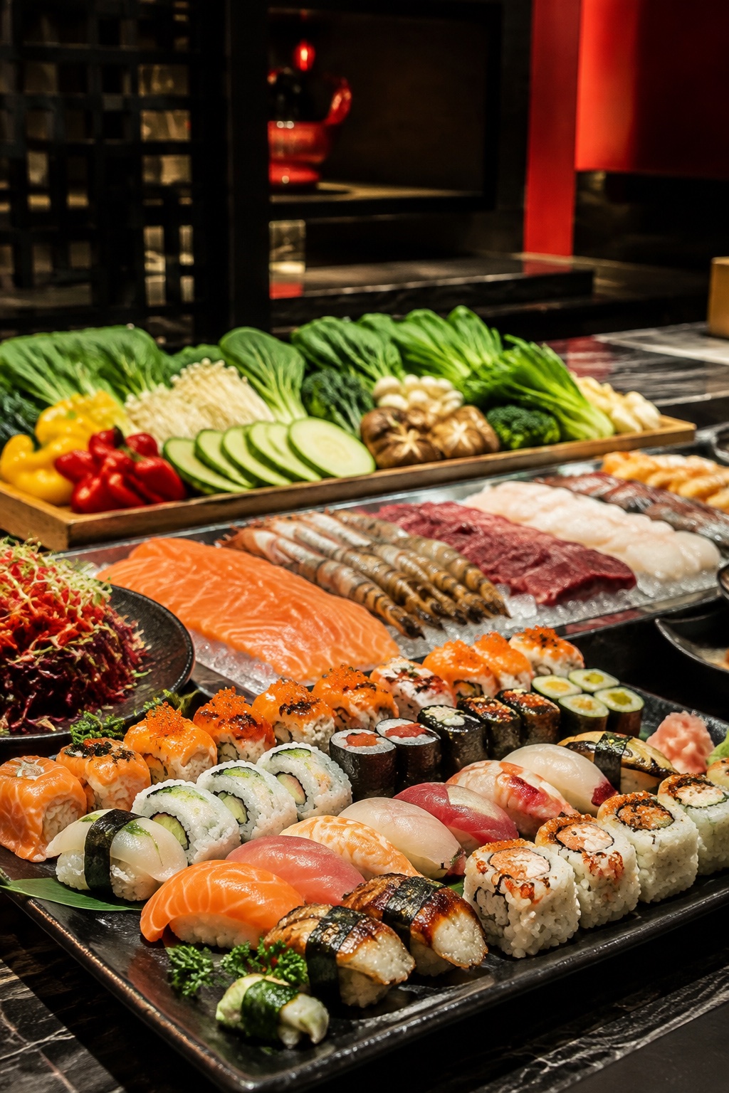 Sushi und frische Zutaten für den Teppanyaki-Grill — illustratives Food-Motiv